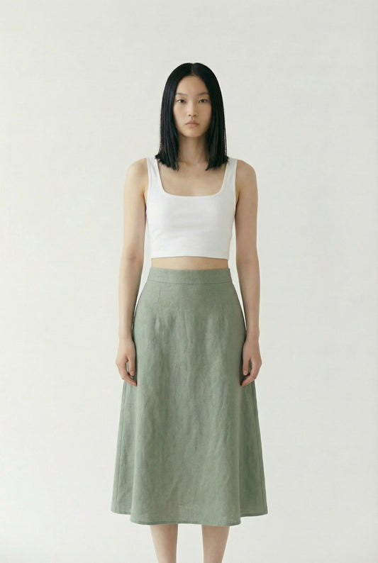Rose New York | Bottom | Linen Midi Skirt | Sage Green