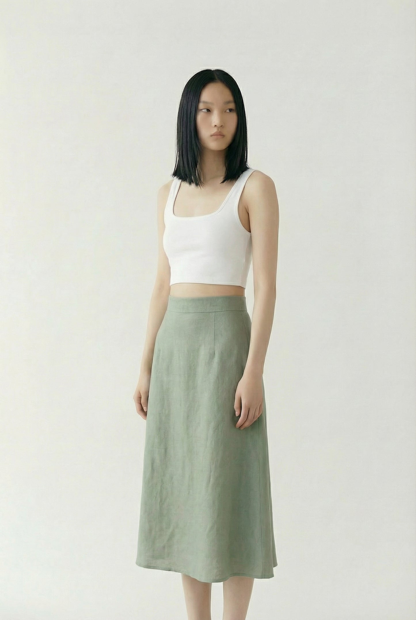 Rose New York | Bottom | Linen Midi Skirt | Sage Green