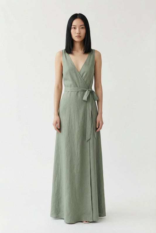 Rose New York | Summer Dress | Linen Maxi Wrap Dress | Sage Green